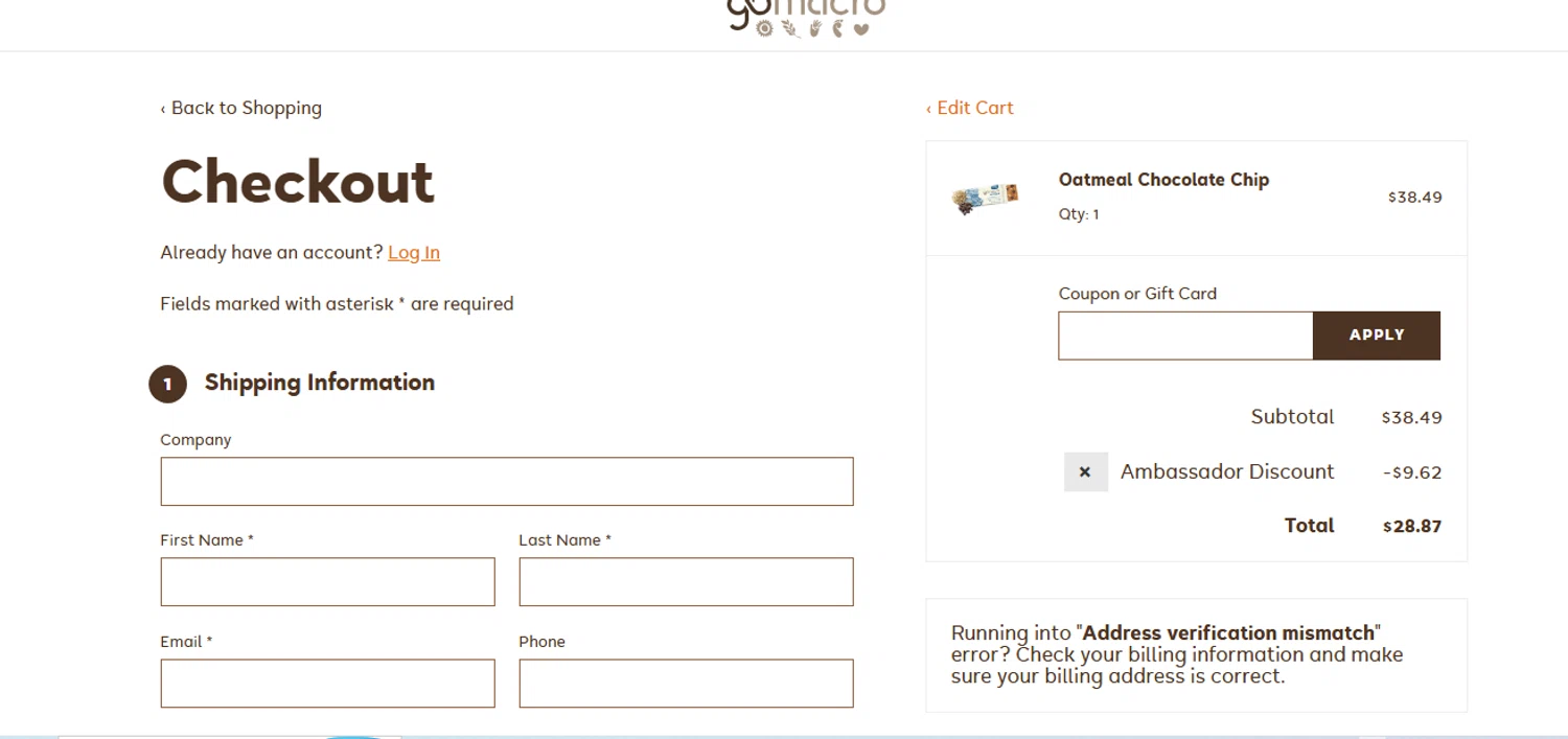 GoMacro promo code screenshot showing code AMIRACAMILLE applied at GoMacro checkout page. Uploaded by SimplyCodes community member shark12 on Apr 23, 2025