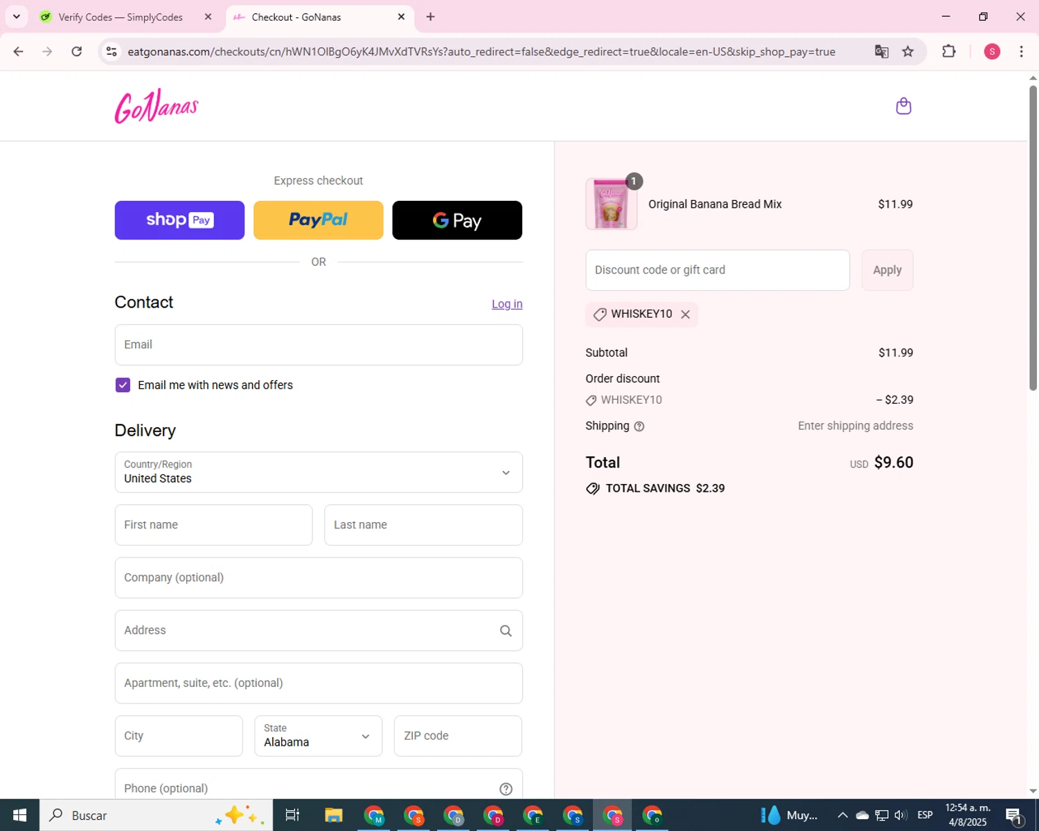 GoNanas discount code screenshot showing code whiskey10 applied at GoNanas checkout page. Uploaded by SimplyCodes community member 00000056 on Aug 4, 2025