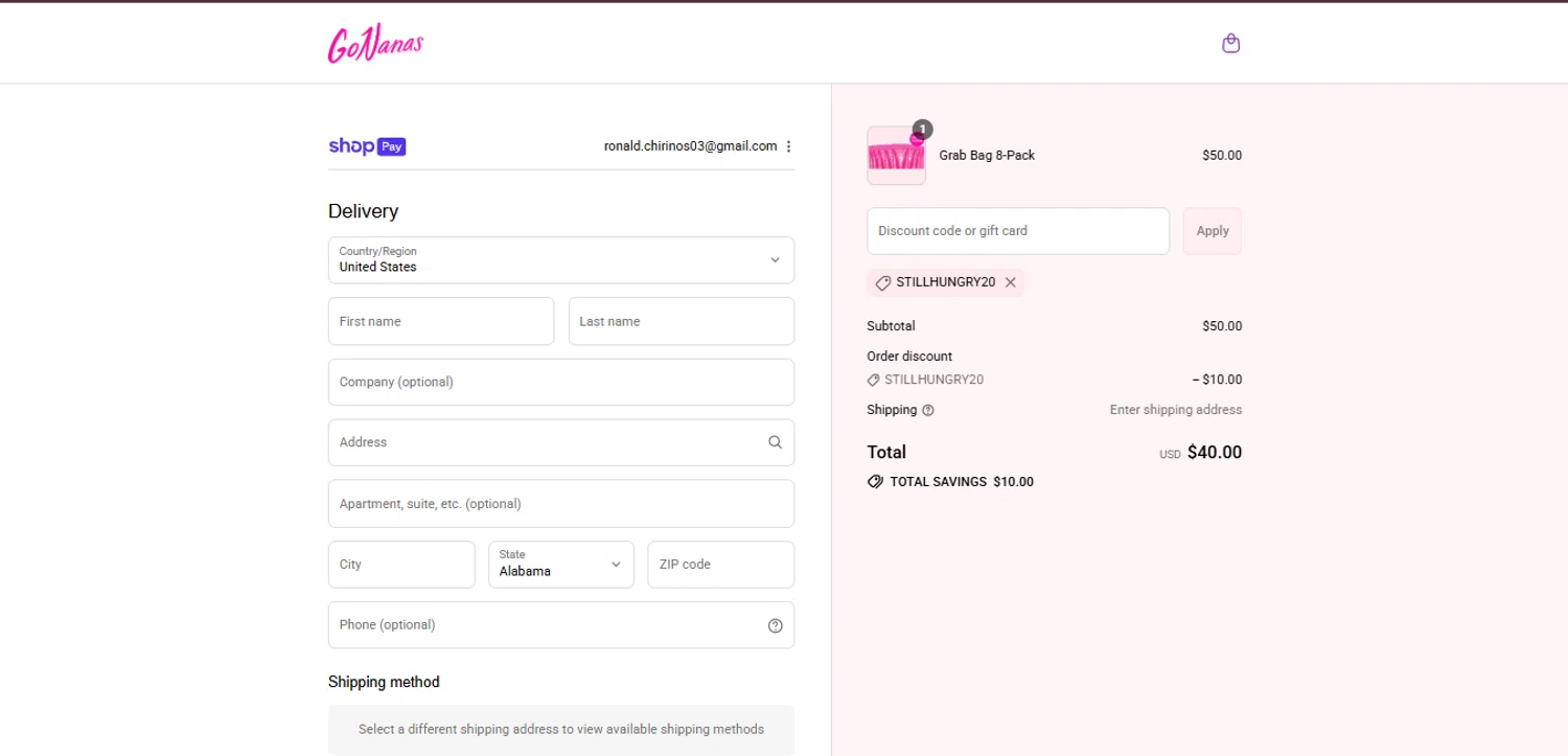 GoNanas discount code screenshot showing code Stillhungry20 applied at GoNanas checkout page. Uploaded by SimplyCodes community member CodeExpert7814 on Aug 8, 2025