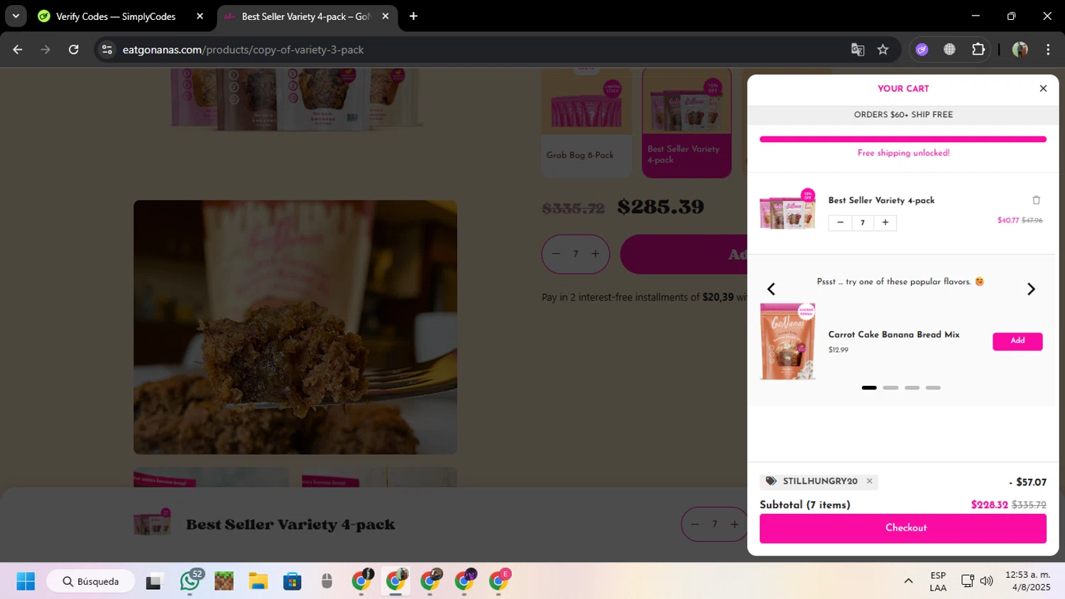 GoNanas discount code screenshot showing code Stillhungry20 applied at GoNanas checkout page. Uploaded by SimplyCodes community member MoneySentinel7597 on Aug 4, 2025