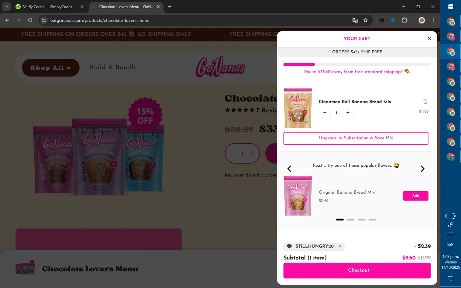 GoNanas discount code screenshot showing code Stillhungry20 applied at GoNanas checkout page. Uploaded by SimplyCodes community member ValiantWarden8956 on Oct 17, 2025