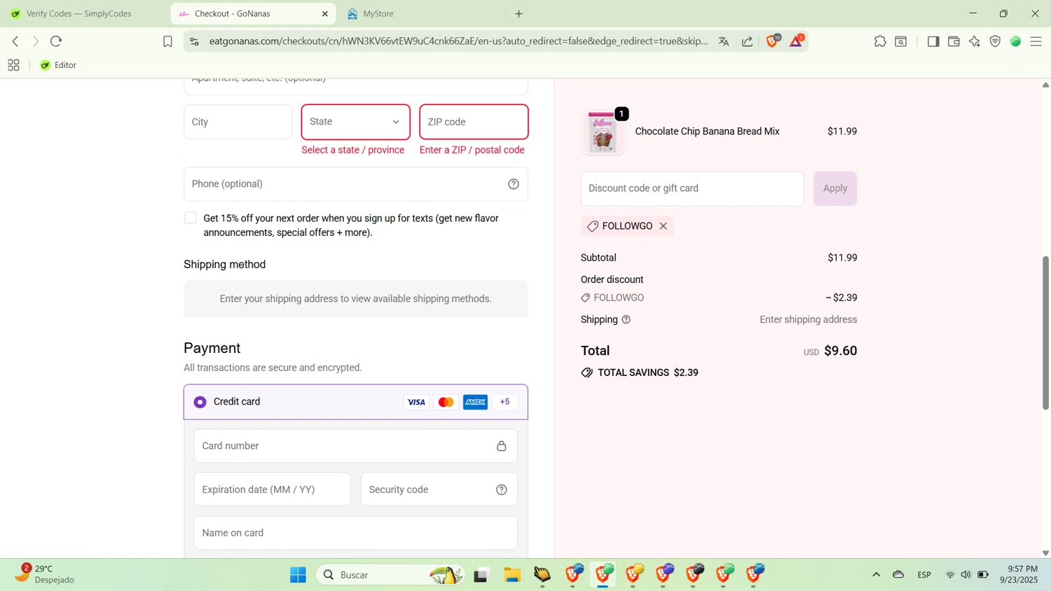 GoNanas discount code screenshot showing code followgo applied at GoNanas checkout page. Uploaded by SimplyCodes community member Covid19 on Sep 24, 2025