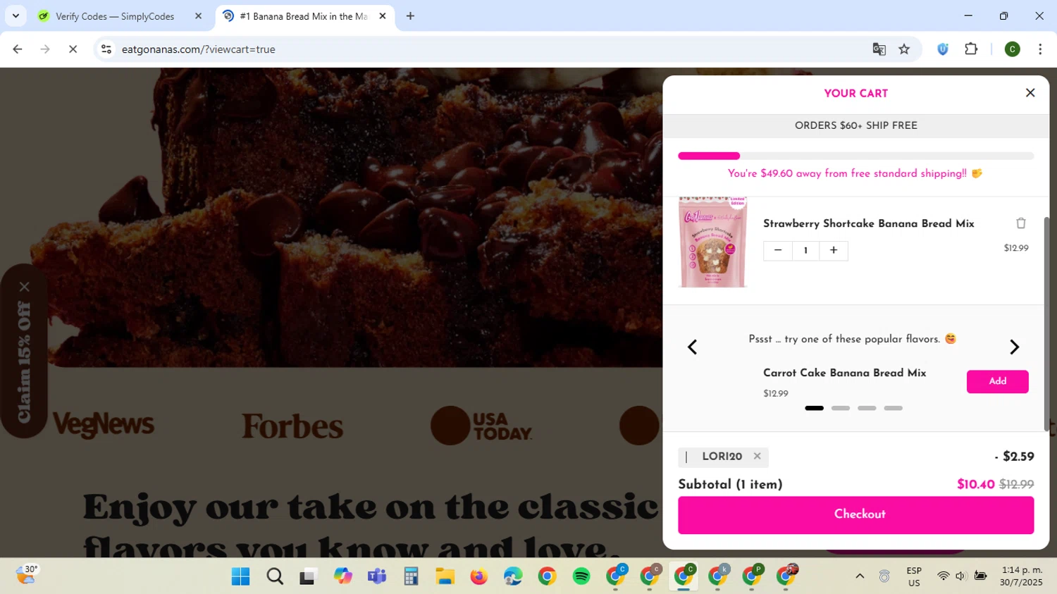 GoNanas discount code screenshot showing code Lori20 applied at GoNanas checkout page. Uploaded by SimplyCodes community member VoucherBoss6971 on Jul 30, 2025