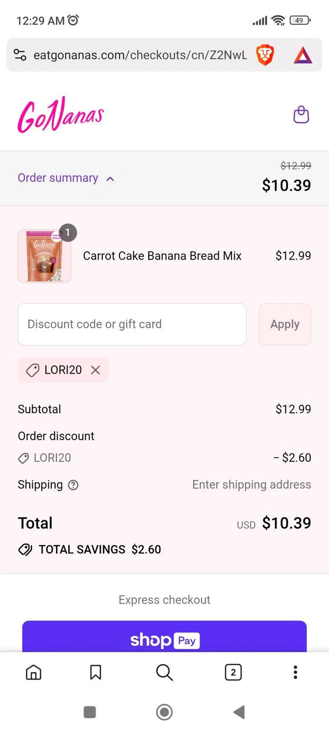 GoNanas discount code screenshot showing code Lori20 applied at GoNanas checkout page. Uploaded by SimplyCodes community member ukemochi on Jul 13, 2025