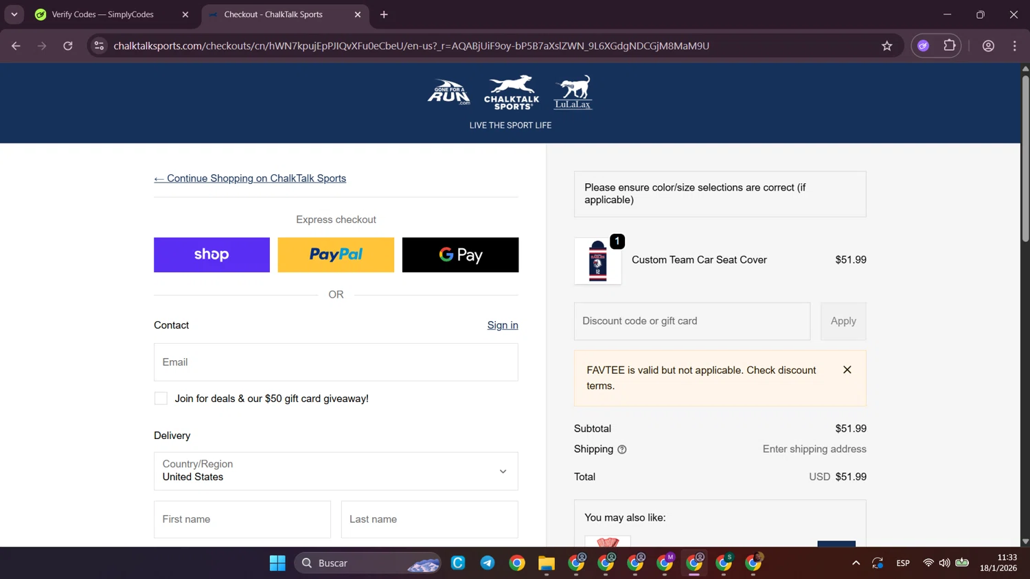 Gone For A Run checkout page showing Gone For A Run coupon code box | Screenshot taken by SimplyCodes community member on Jan 18, 2026