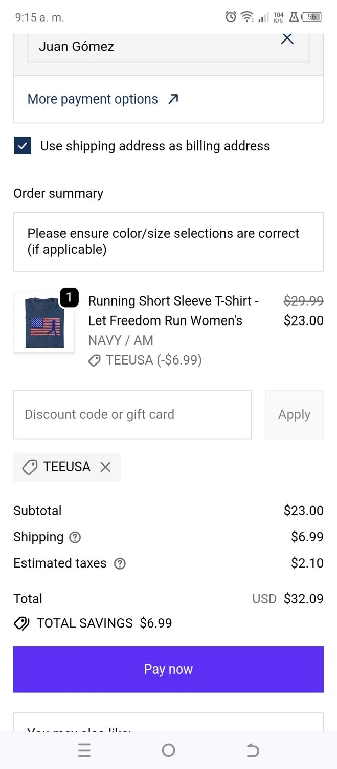 Gone For A Run promo code screenshot showing code TEEUSA applied at Gone For A Run checkout page. Uploaded by SimplyCodes community member MoneyRanger9663 on Jun 9, 2026