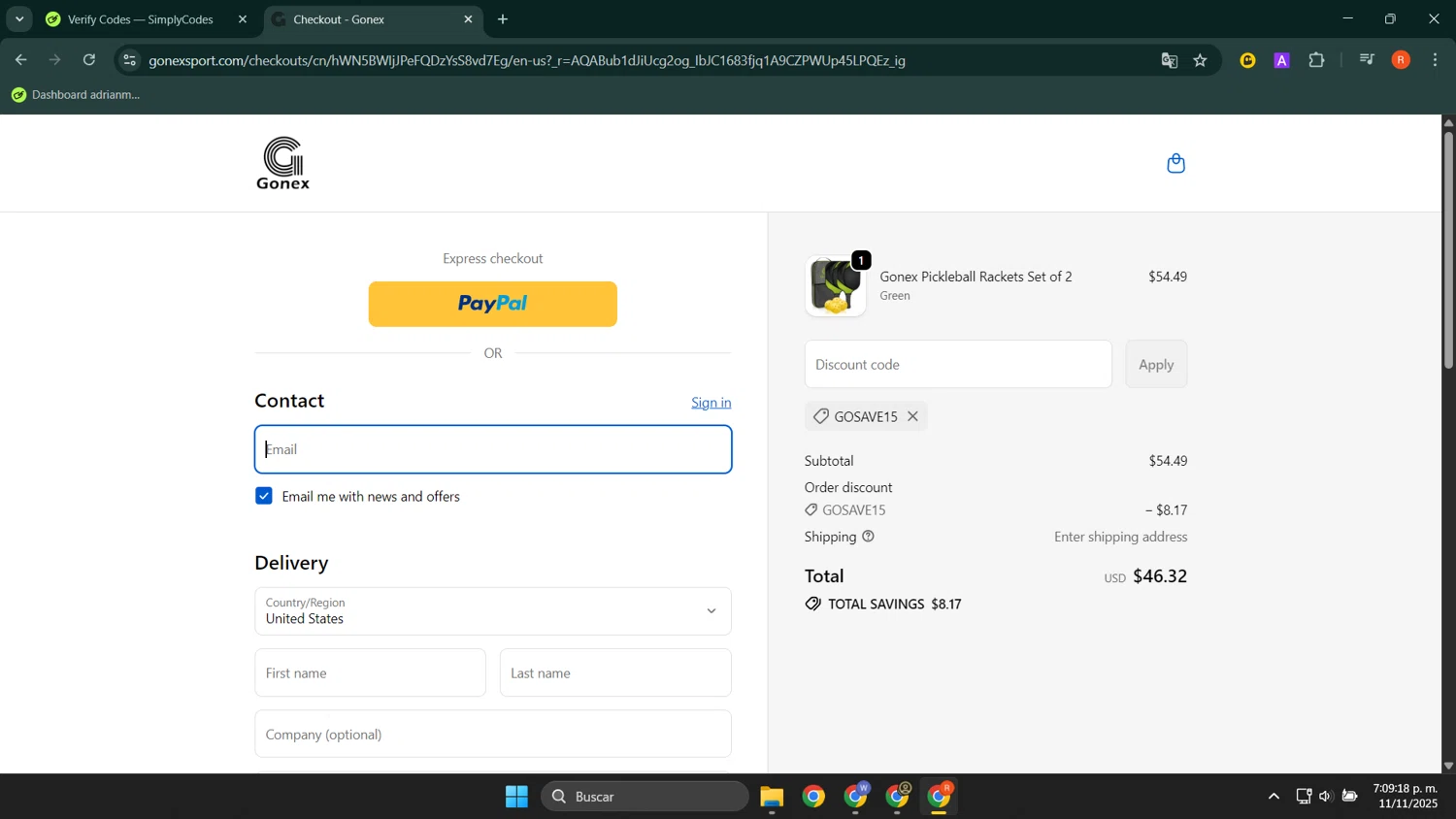 Gonex promo code screenshot showing code GOSAVE15 applied at Gonex checkout page. Uploaded by SimplyCodes community member LuckyShopper9694 on Nov 11, 2025