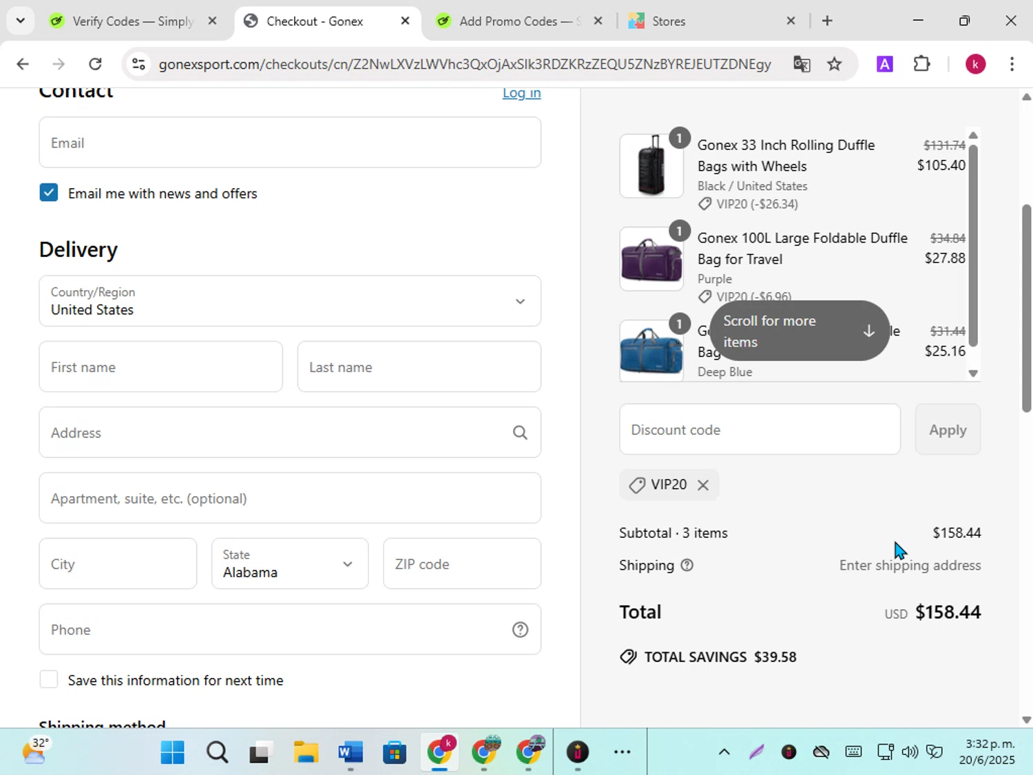 Gonex promo code screenshot showing code VIP20 applied at Gonex checkout page. Uploaded by SimplyCodes community member karoline on Jun 20, 2025