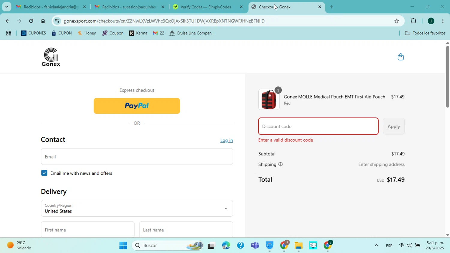 Gonex promo code screenshot showing code CAMPING10 applied at Gonex checkout page. Uploaded by SimplyCodes community member jorgejavierherrera on Jun 20, 2025