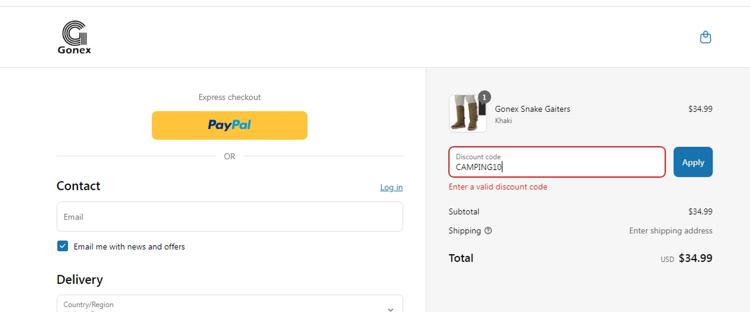 Gonex promo code screenshot showing code CAMPING10 applied at Gonex checkout page. Uploaded by SimplyCodes community member yeresojperez on Jun 20, 2025