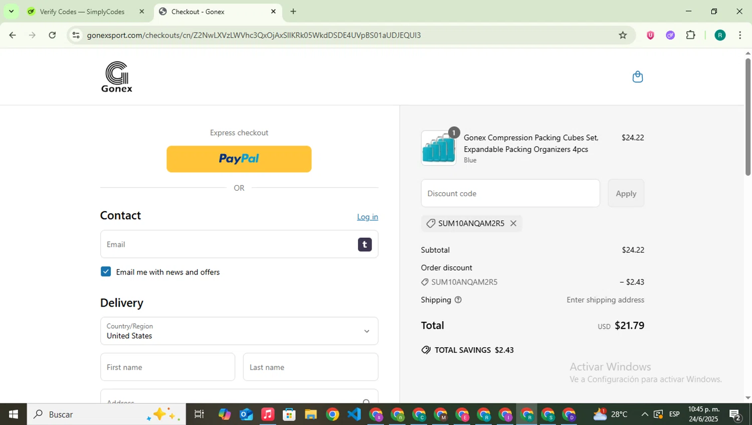 Gonex promo code screenshot showing code SUM10ANQAM2R5 applied at Gonex checkout page. Uploaded by SimplyCodes community member SavingsLegend387 on Jun 25, 2025