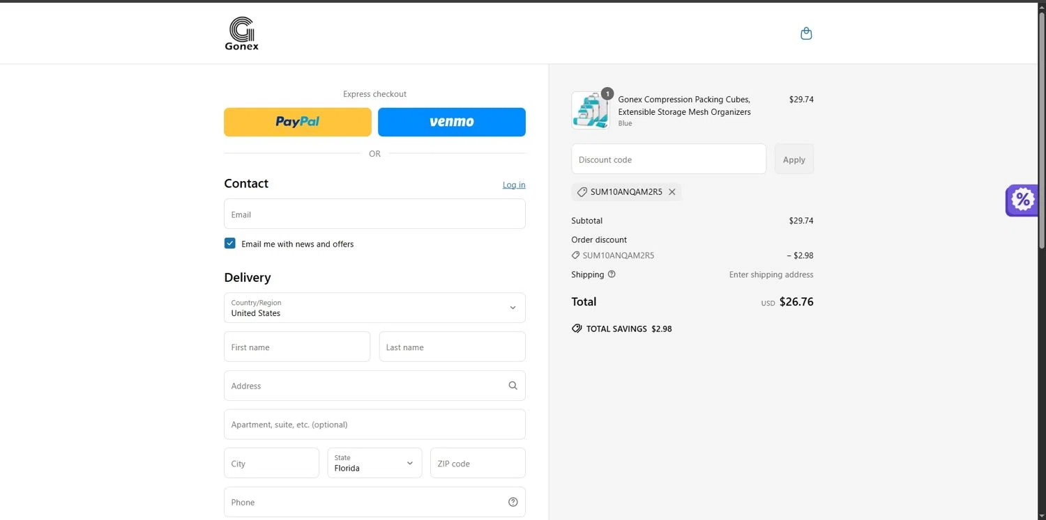 Gonex promo code screenshot showing code SUM10ANQAM2R5 applied at Gonex checkout page. Uploaded by SimplyCodes community member Depressive on Jun 25, 2025