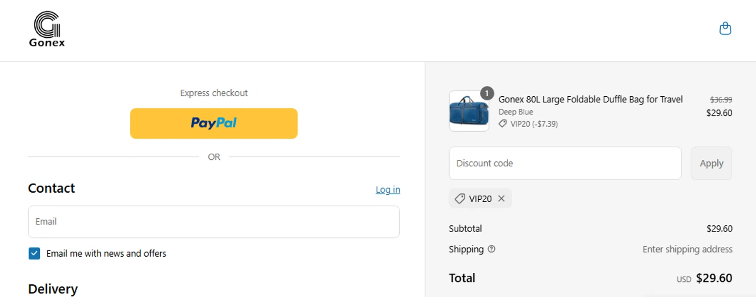 Gonex promo code screenshot showing code VIP20 applied at Gonex checkout page. Uploaded by SimplyCodes community member Jhonny on May 18, 2025
