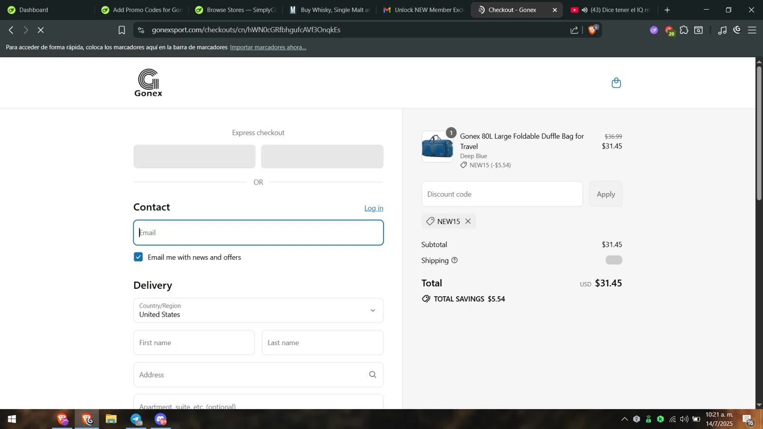 Gonex promo code screenshot showing code NEW15 applied at Gonex checkout page. Uploaded by SimplyCodes community member juanvargas1 on Jul 14, 2025