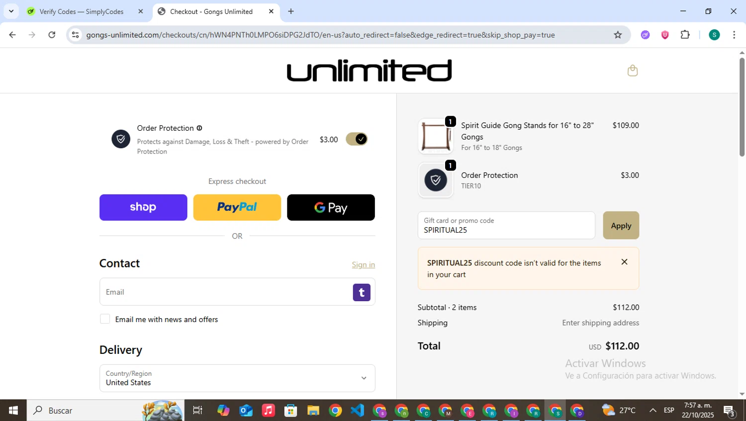 Gongs Unlimited promo code screenshot showing code SPIRITUAL25 applied at Gongs Unlimited checkout page. Uploaded by SimplyCodes community member VictoriousPilot5281 on Oct 22, 2025