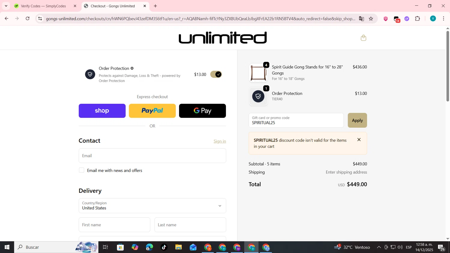 Gongs Unlimited promo code screenshot showing code SPIRITUAL25 applied at Gongs Unlimited checkout page. Uploaded by SimplyCodes community member lyffytaro on Dec 14, 2025