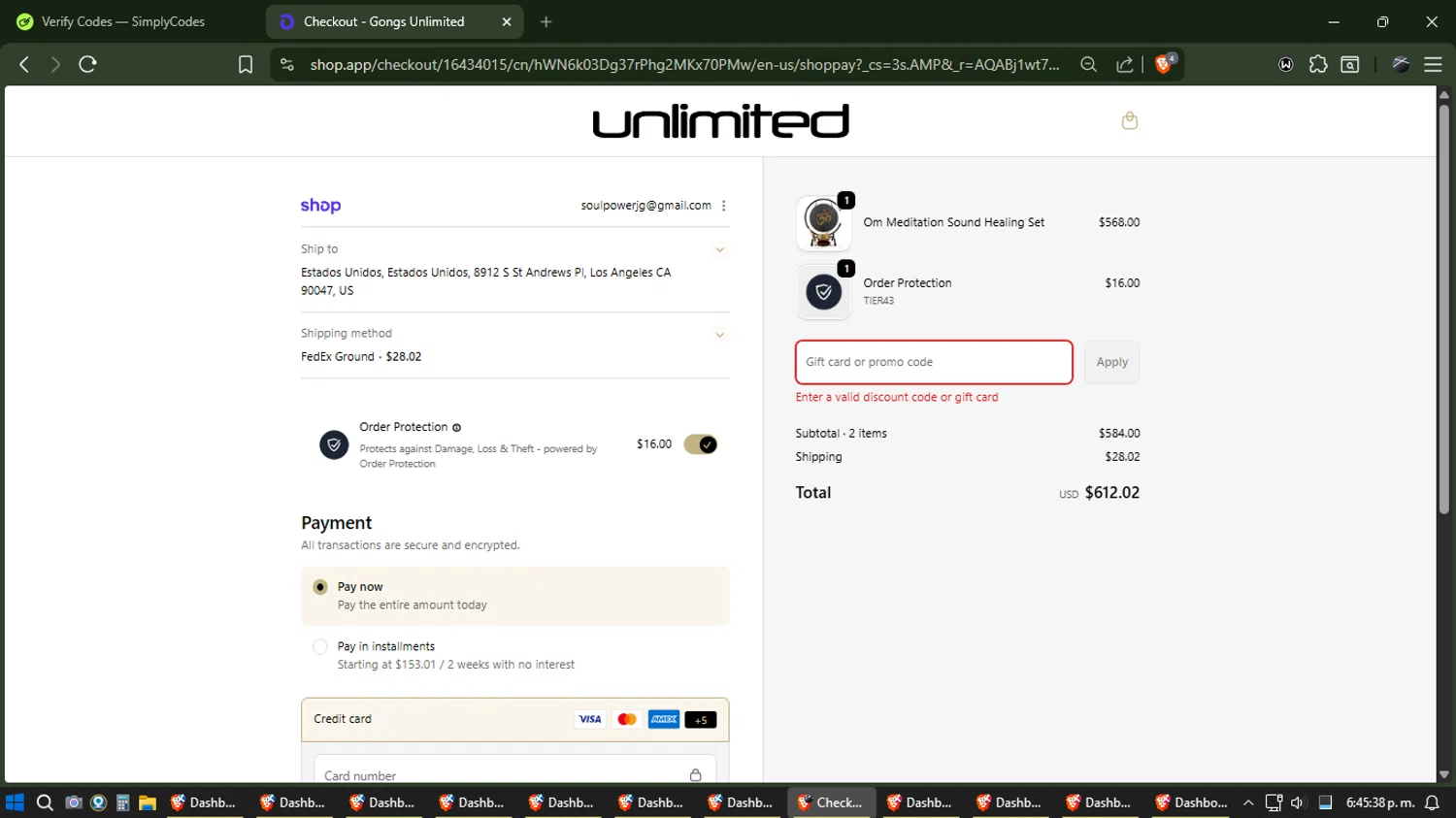 Gongs Unlimited promo code screenshot showing code SETHROGEN77 applied at Gongs Unlimited checkout page. Uploaded by SimplyCodes community member Phoenix on Dec 22, 2025