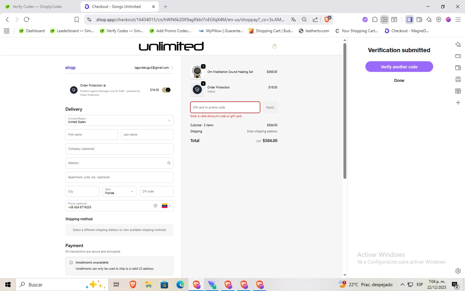 Gongs Unlimited promo code screenshot showing code SETHROGEN77 applied at Gongs Unlimited checkout page. Uploaded by SimplyCodes community member Rayyyyyy on Dec 22, 2025