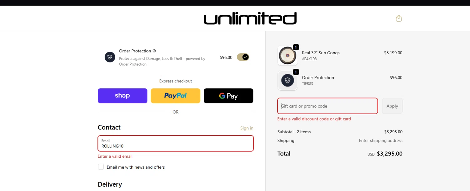 Gongs Unlimited promo code screenshot showing code ROLLING10 applied at Gongs Unlimited checkout page. Uploaded by SimplyCodes community member Billyyou on Feb 4, 2026