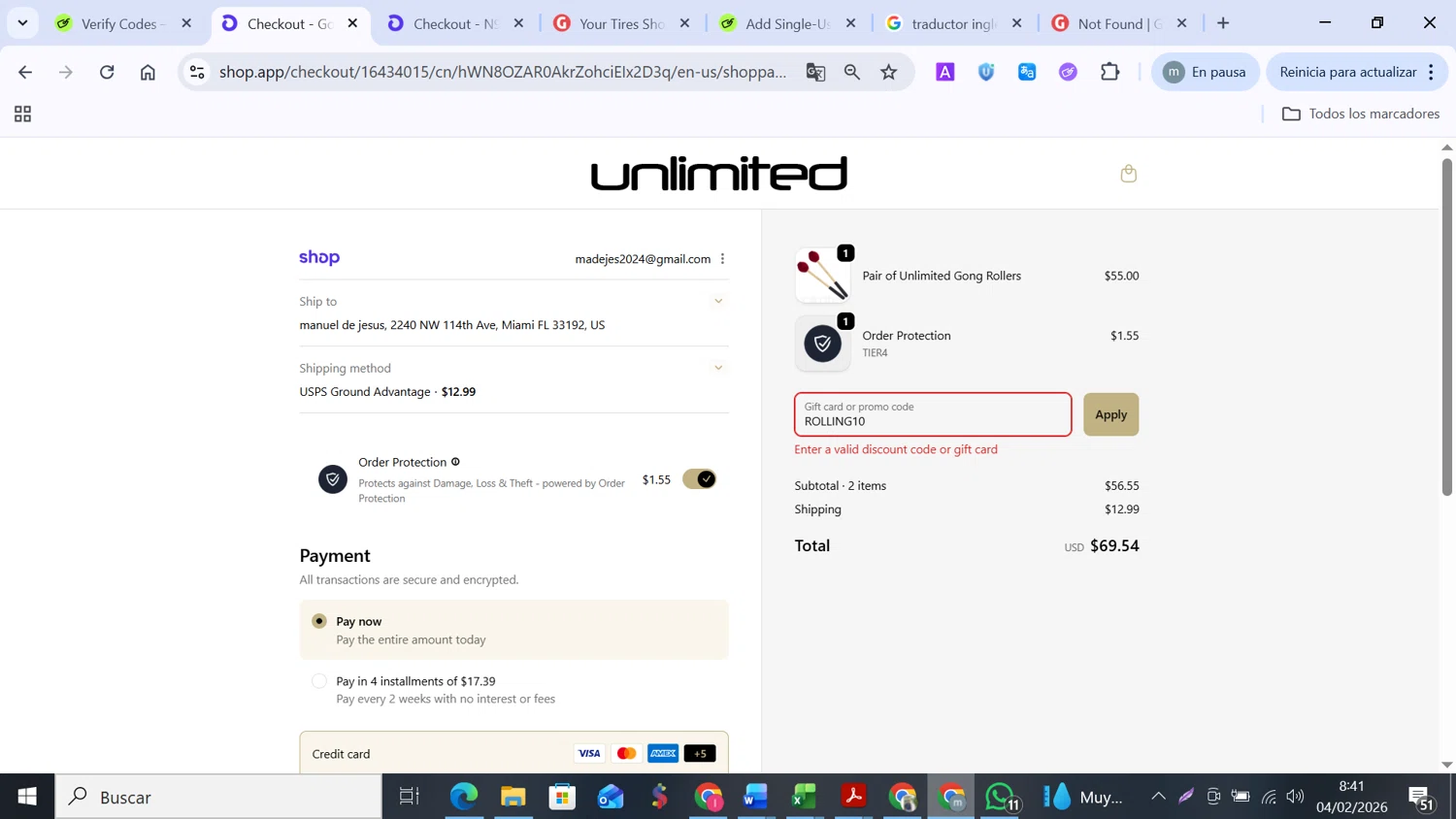 Gongs Unlimited promo code screenshot showing code ROLLING10 applied at Gongs Unlimited checkout page. Uploaded by SimplyCodes community member MANUELURBINA on Feb 4, 2026