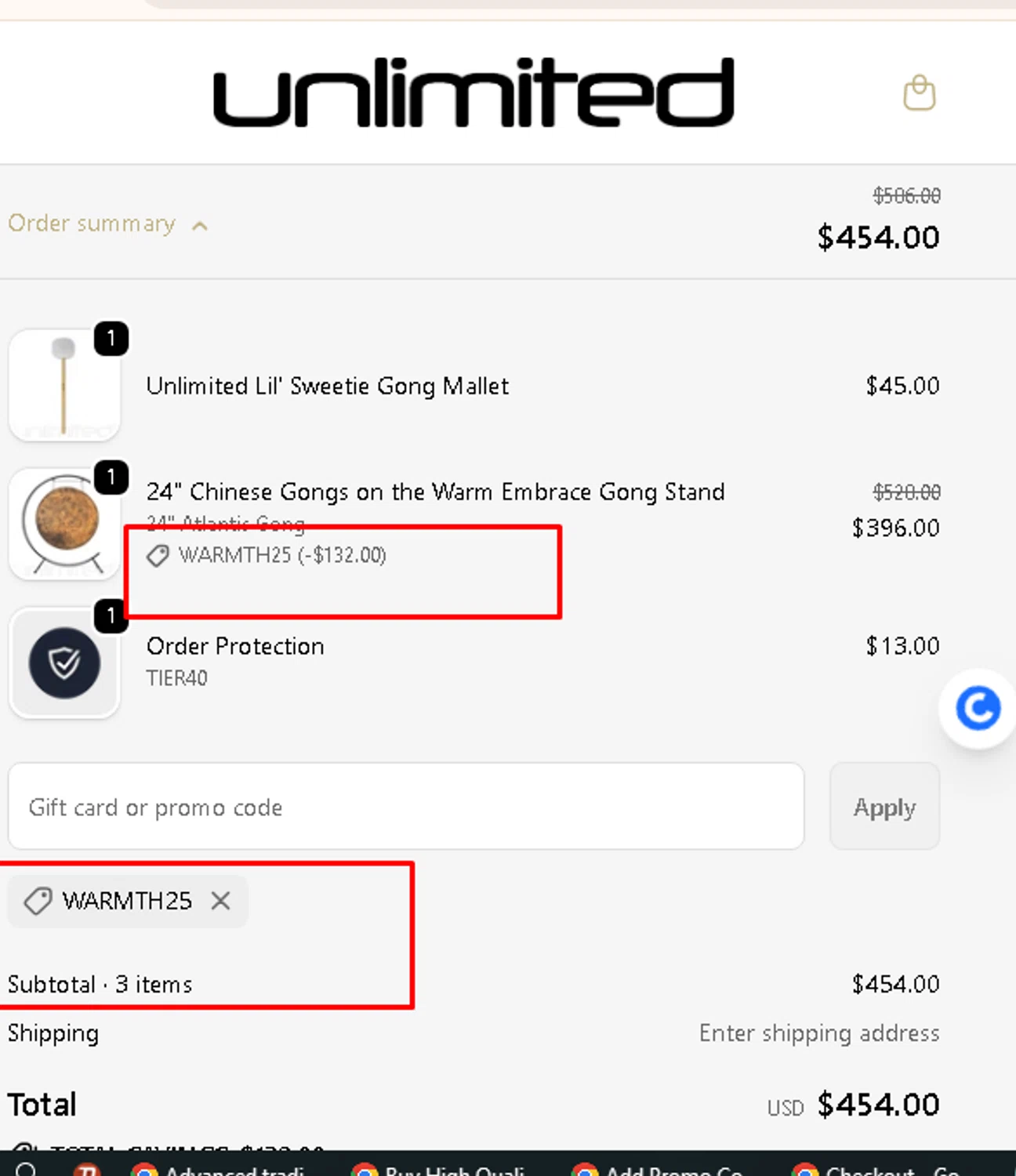Gongs Unlimited promo code screenshot showing code WARMTH25 applied at Gongs Unlimited checkout page. Uploaded by SimplyCodes community member AMANDA2681 on Nov 12, 2025
