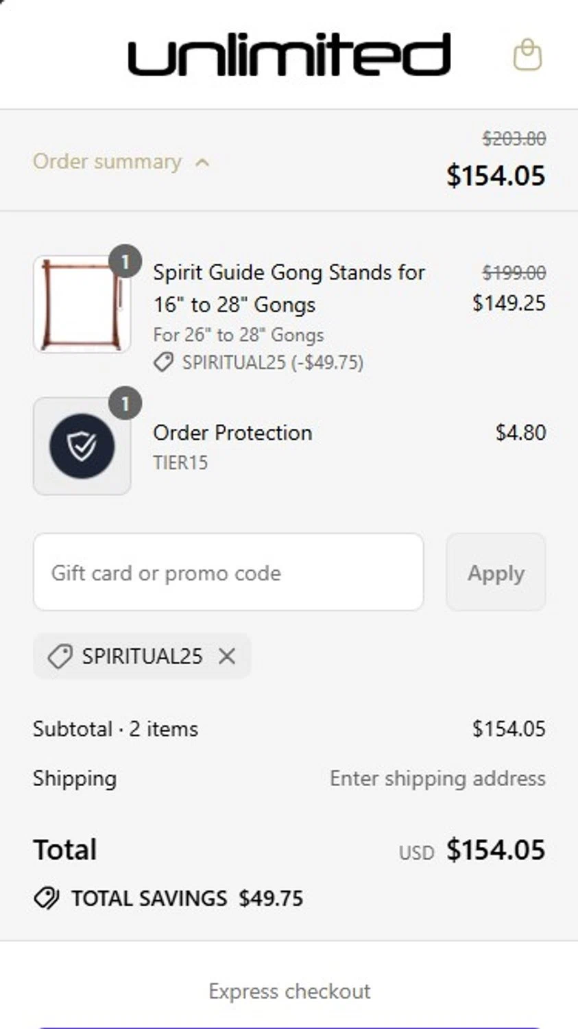 Gongs Unlimited promo code screenshot showing code SPIRITUAL25 applied at Gongs Unlimited checkout page. Uploaded by SimplyCodes community member RonaldoM32 on Aug 14, 2025
