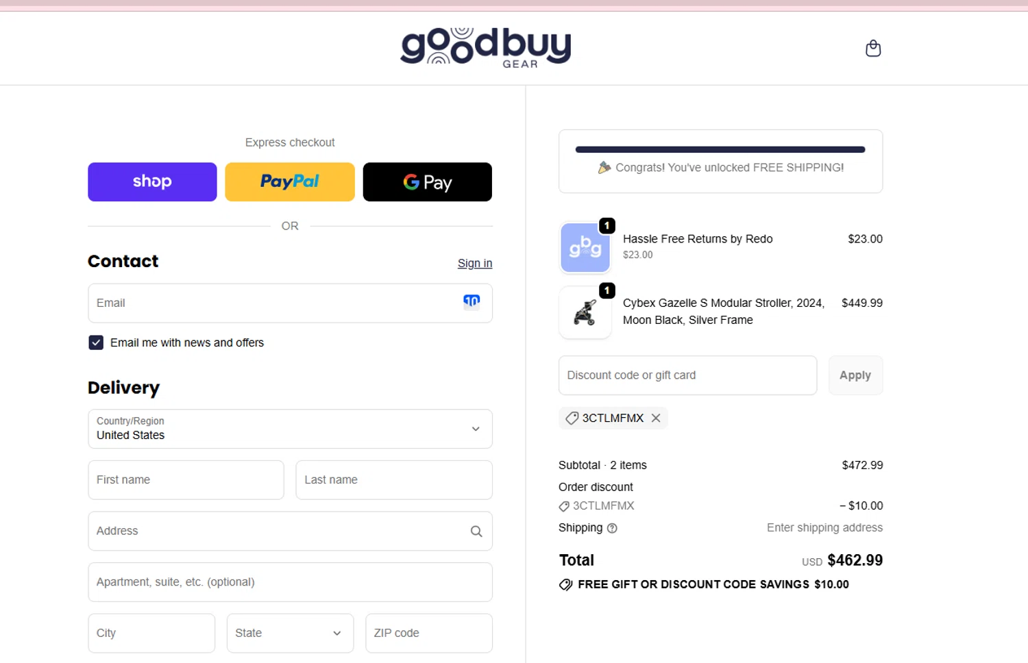 Good Buy Gear promo code screenshot showing code 3CTLMFMX applied at Good Buy Gear checkout page. Uploaded by SimplyCodes community member Westcoll on Jun 15, 2026