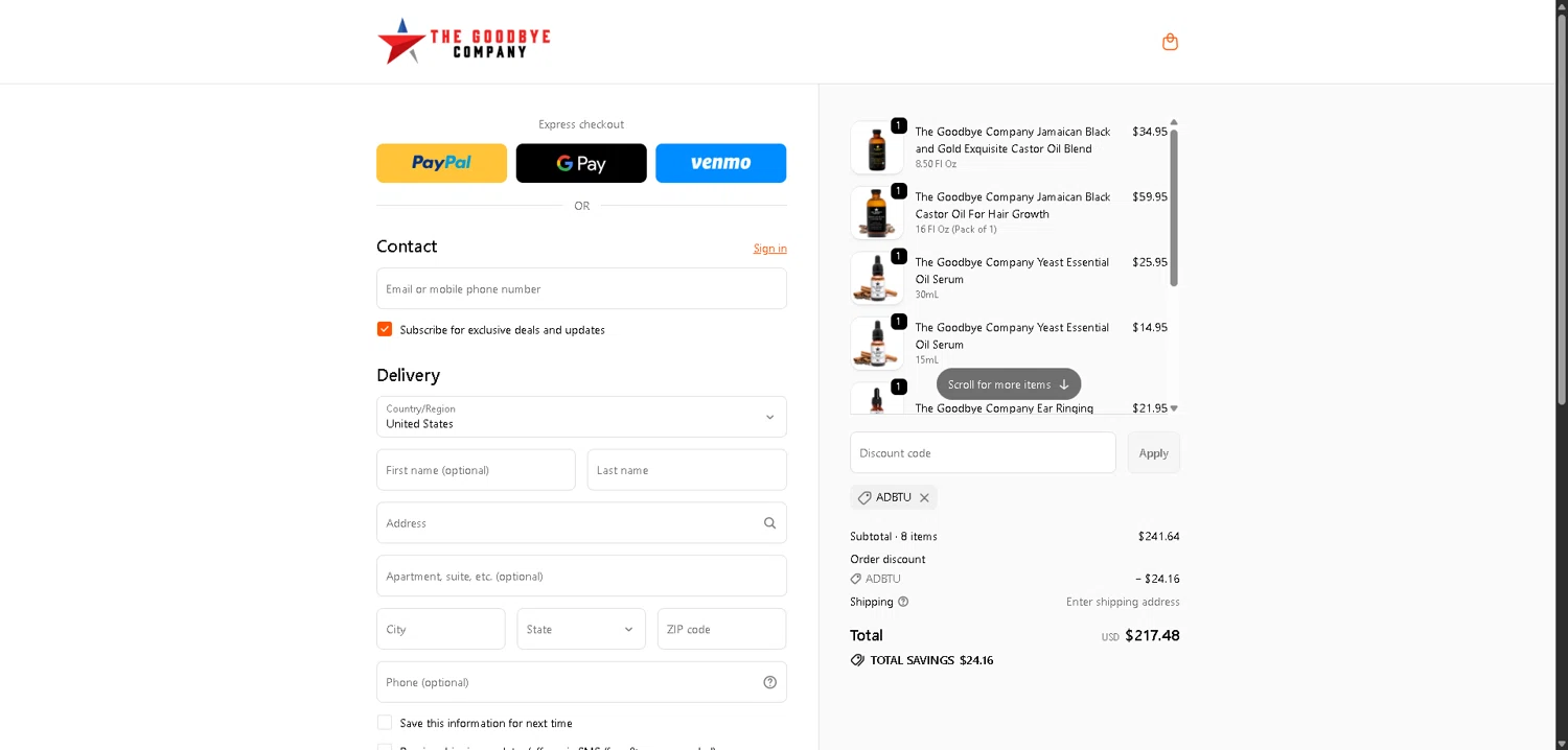 TheGoodbyeCompany promo code screenshot showing code ADBTU applied at TheGoodbyeCompany checkout page. Uploaded by SimplyCodes community member VictoriousFinder4393 on Feb 18, 2026