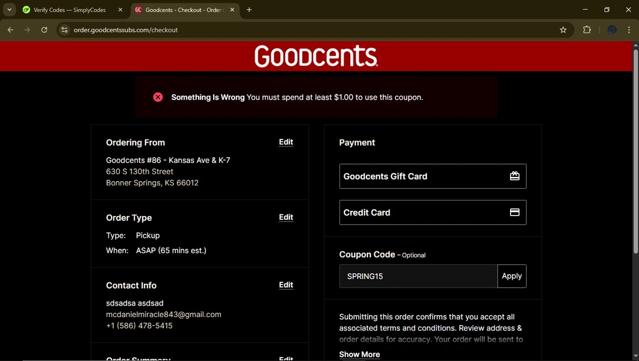 Goodcents checkout page showing Goodcents promo code box | Screenshot taken by SimplyCodes community member on Mar 20, 2025