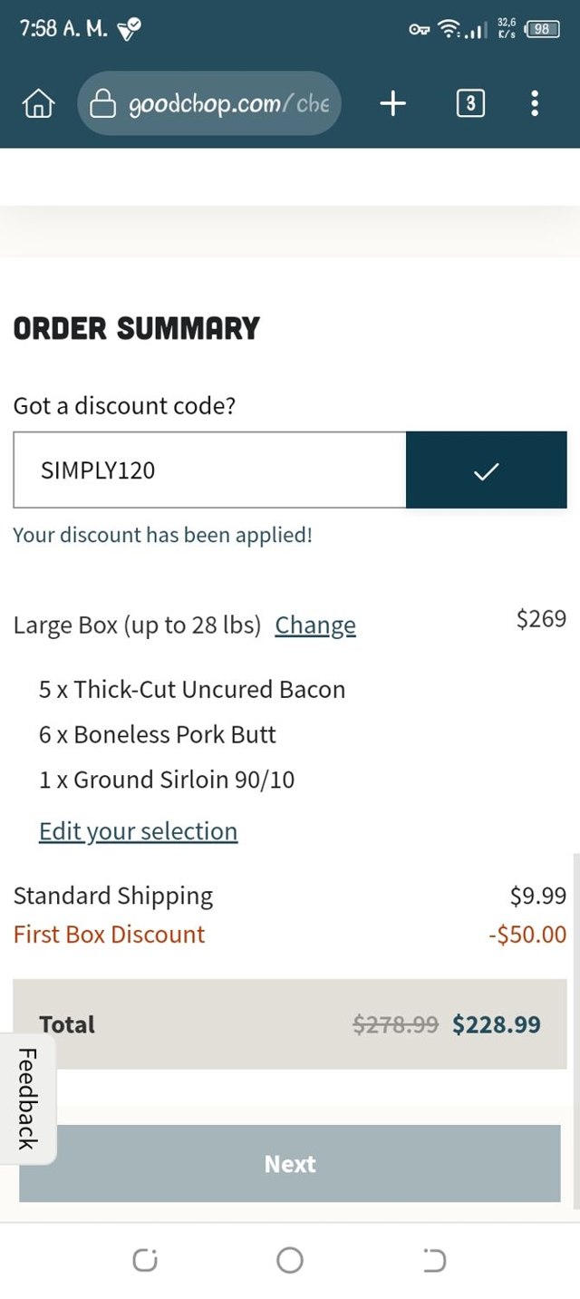 Good Chop checkout page showing Good Chop promo code box | Screenshot taken by SimplyCodes community member on Aug 30, 2025