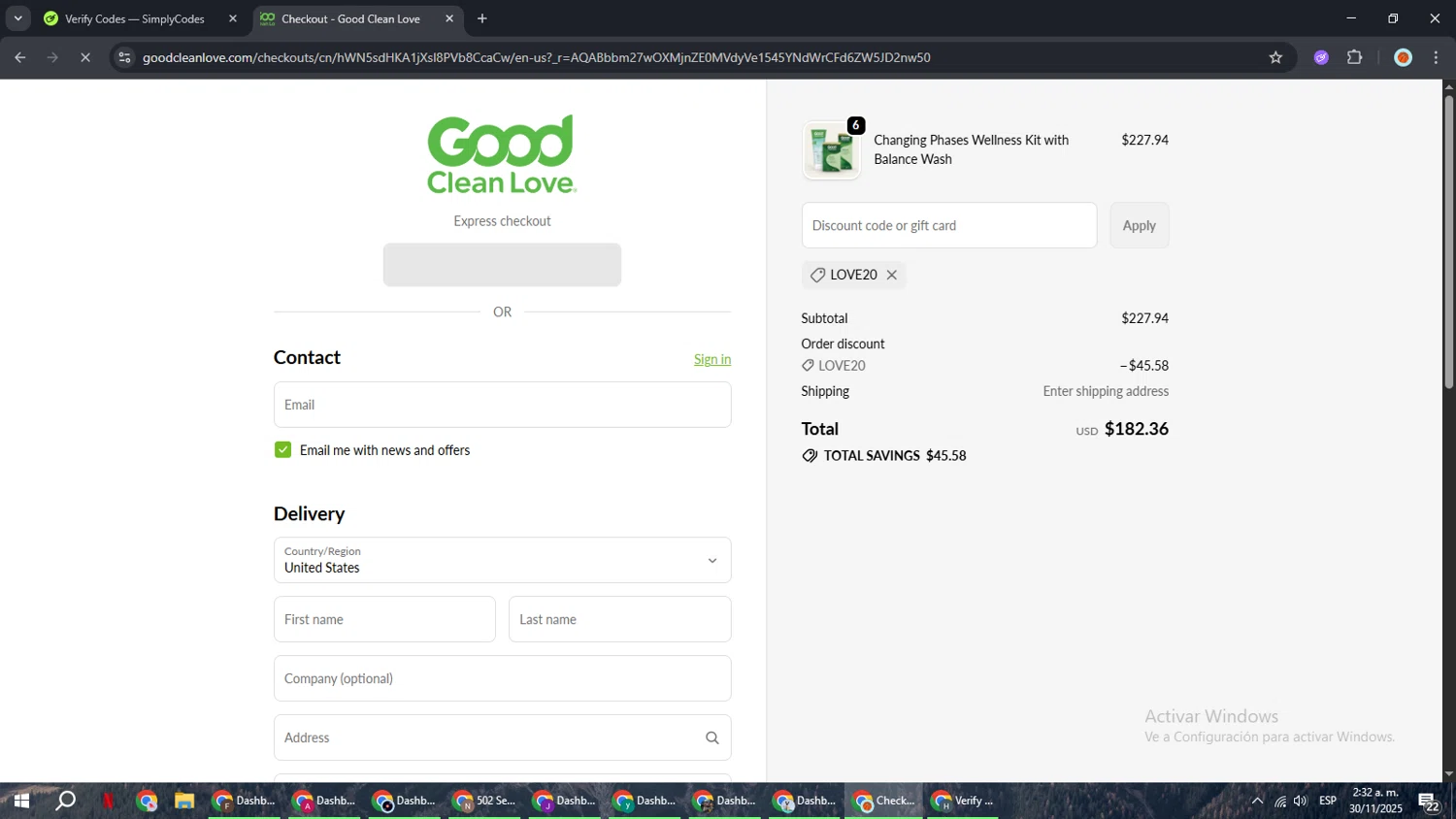 Good Clean Love discount code screenshot showing code LOVE20 applied at Good Clean Love checkout page. Uploaded by SimplyCodes community member BonusCaptain9927 on Nov 30, 2025