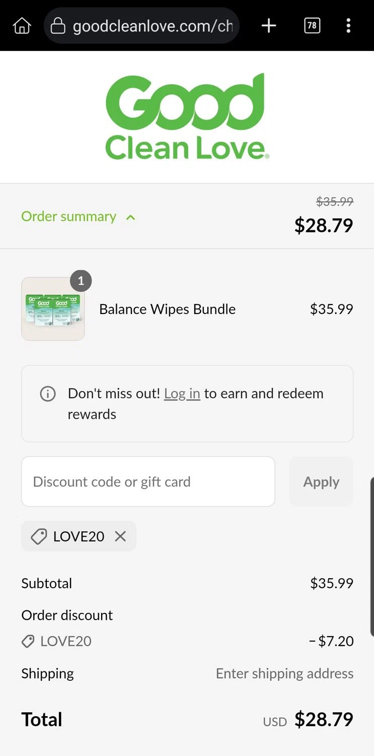 Good Clean Love discount code screenshot showing code LOVE20 applied at Good Clean Love checkout page. Uploaded by SimplyCodes community member Carloslvz on Jun 15, 2025