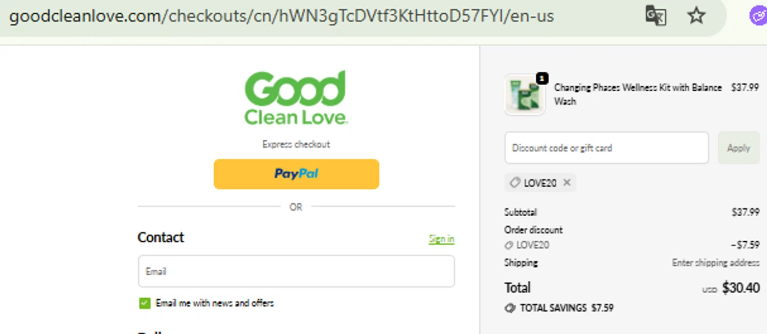 Good Clean Love discount code screenshot showing code LOVE20 applied at Good Clean Love checkout page. Uploaded by SimplyCodes community member CashMaestro9337 on Oct 3, 2025