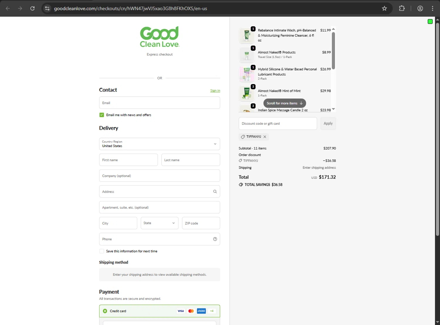 Good Clean Love discount code screenshot showing code TIFFANYJ applied at Good Clean Love checkout page. Uploaded by SimplyCodes community member JakePerrox on Oct 15, 2025