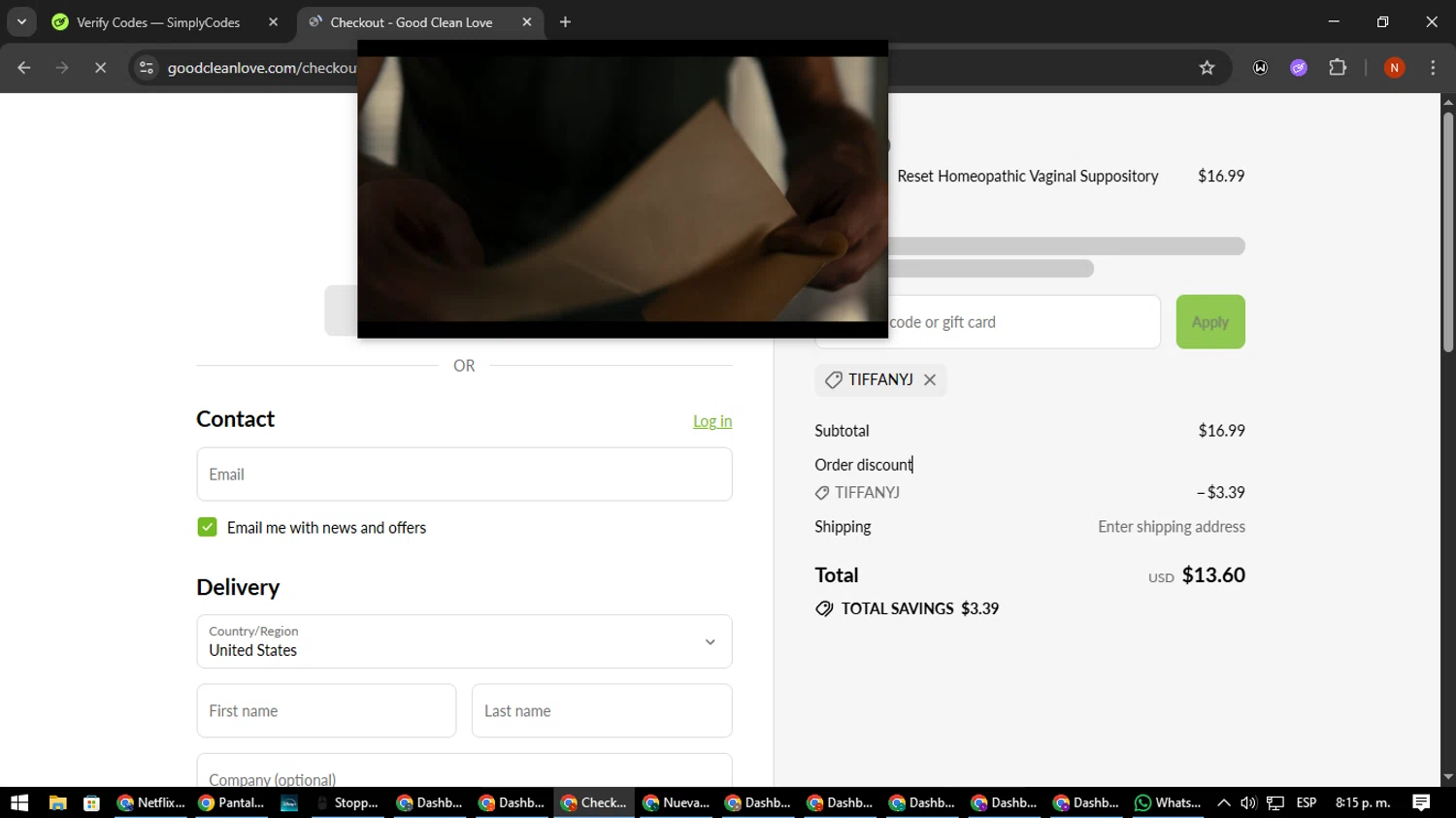 Good Clean Love discount code screenshot showing code TIFFANYJ applied at Good Clean Love checkout page. Uploaded by SimplyCodes community member MagnificentScout194 on Aug 27, 2025