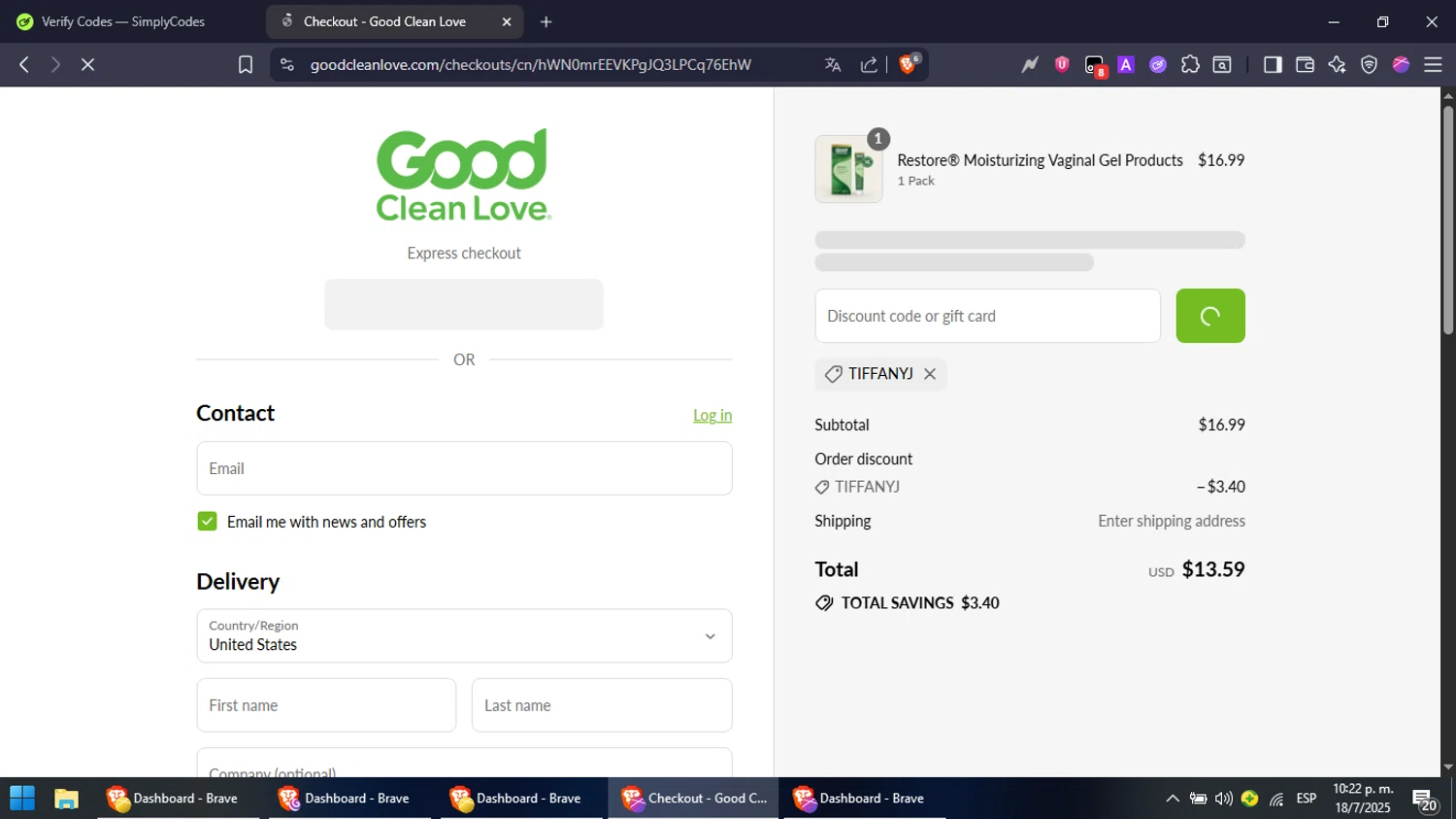 Good Clean Love discount code screenshot showing code TIFFANYJ applied at Good Clean Love checkout page. Uploaded by SimplyCodes community member NobleFox488 on Jul 19, 2025
