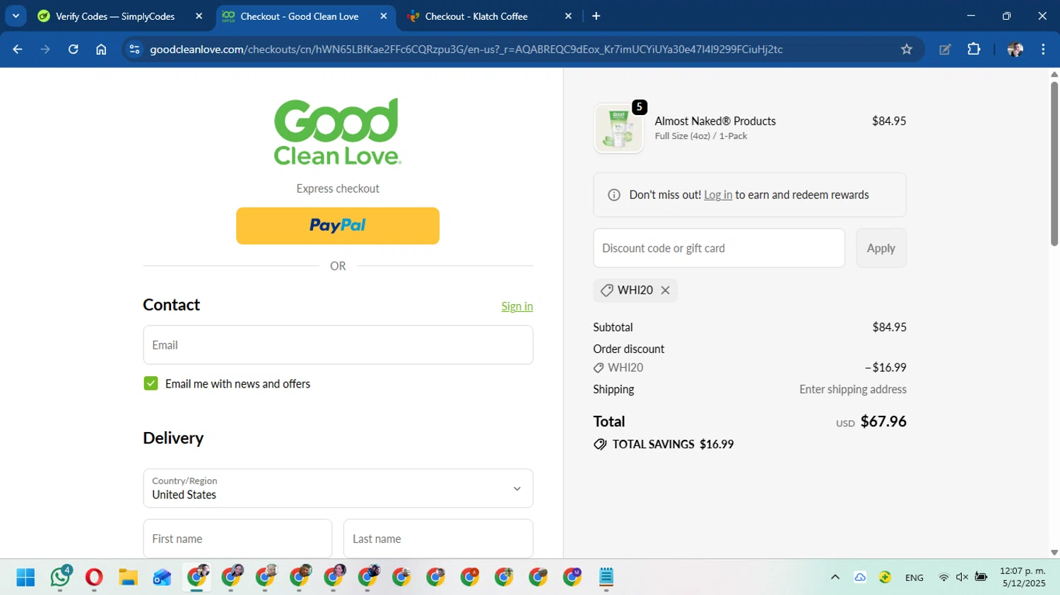 Good Clean Love discount code screenshot showing code WHI20 applied at Good Clean Love checkout page. Uploaded by SimplyCodes community member DavidMGF on Dec 5, 2025