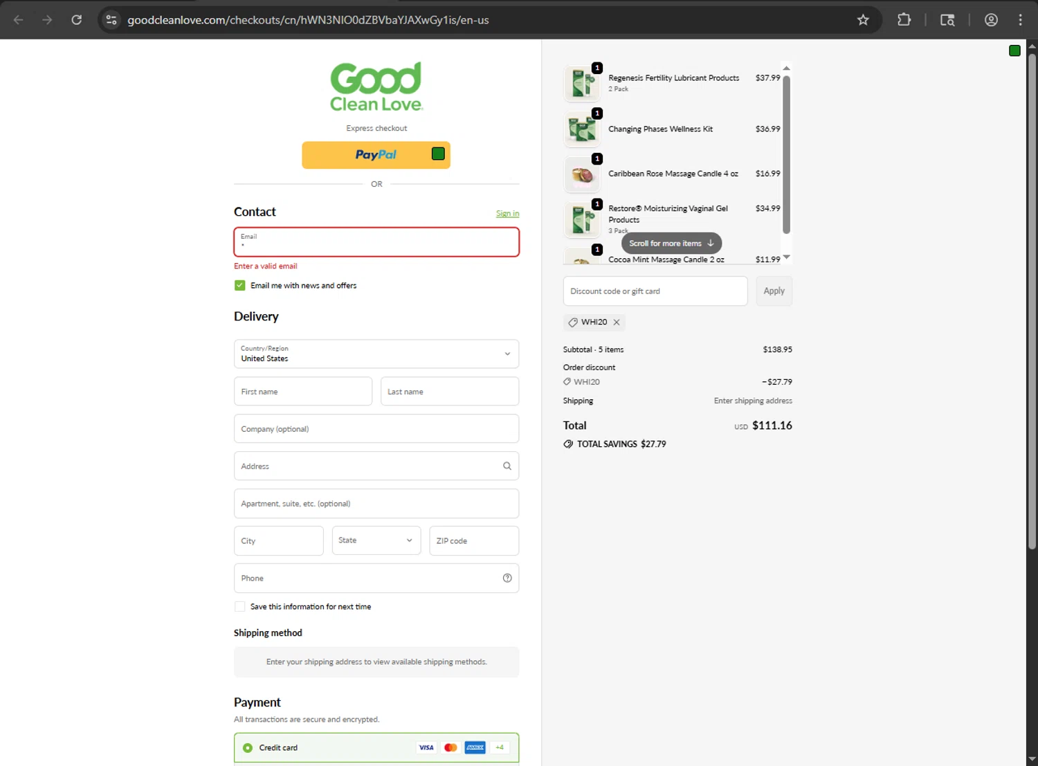 Good Clean Love discount code screenshot showing code WHI20 applied at Good Clean Love checkout page. Uploaded by SimplyCodes community member QuestScholar1789 on Sep 25, 2025