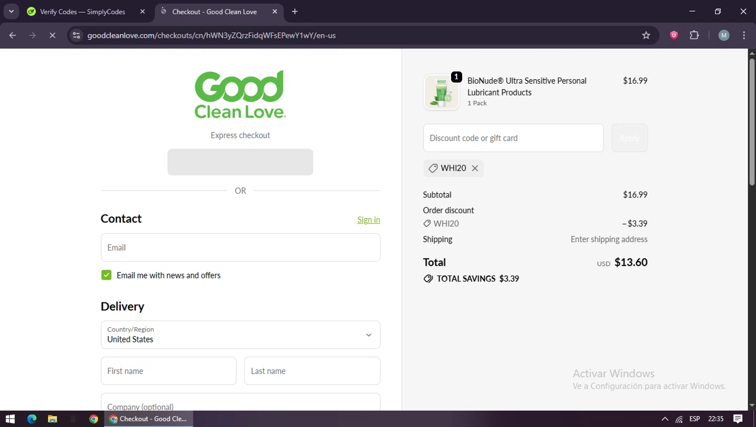 Good Clean Love discount code screenshot showing code WHI20 applied at Good Clean Love checkout page. Uploaded by SimplyCodes community member maraxo on Oct 11, 2025