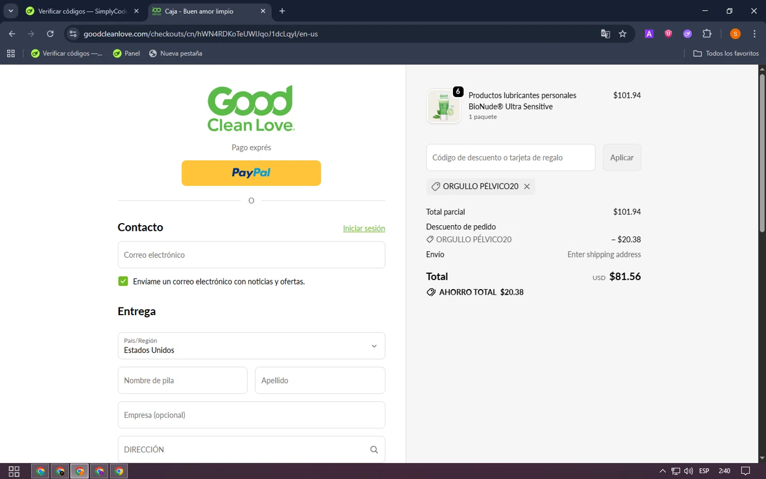 Good Clean Love discount code screenshot showing code PELVICPRIDE20 applied at Good Clean Love checkout page. Uploaded by SimplyCodes community member MangoFC on Oct 23, 2025