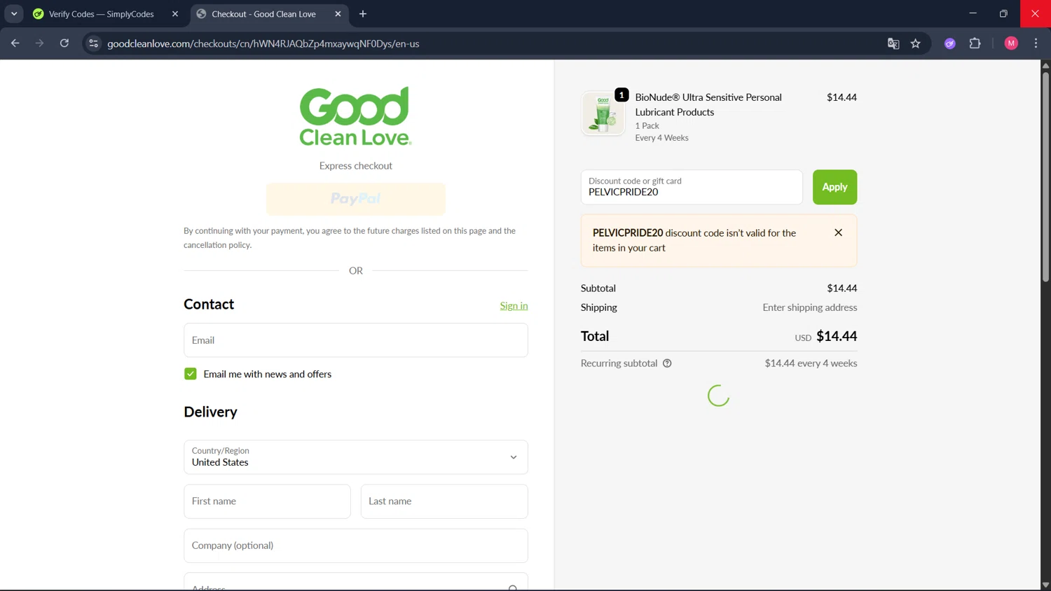 Good Clean Love discount code screenshot showing code PELVICPRIDE20 applied at Good Clean Love checkout page. Uploaded by SimplyCodes community member ValueCollector4159 on Oct 23, 2025
