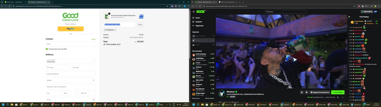 Good Clean Love discount code screenshot showing code Double20 applied at Good Clean Love checkout page. Uploaded by SimplyCodes community member BargainGuardian280 on Oct 27, 2025