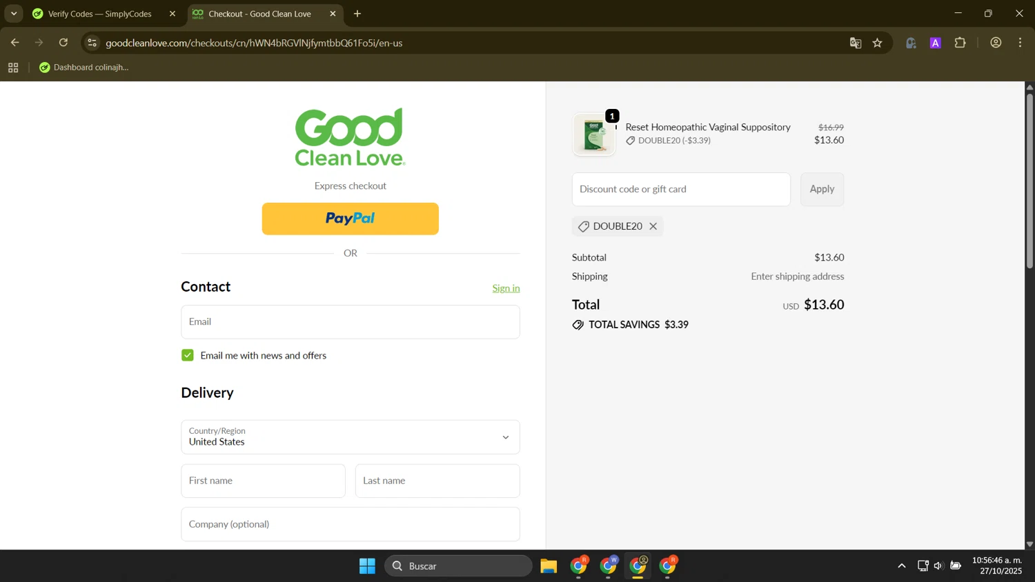 Good Clean Love discount code screenshot showing code Double20 applied at Good Clean Love checkout page. Uploaded by SimplyCodes community member FortunateElite9977 on Oct 27, 2025