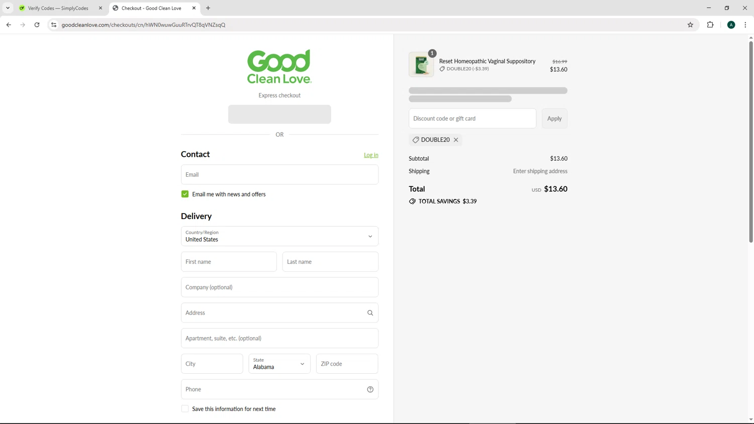 Good Clean Love discount code screenshot showing code Double20 applied at Good Clean Love checkout page. Uploaded by SimplyCodes community member HAOJIN on Jul 23, 2025