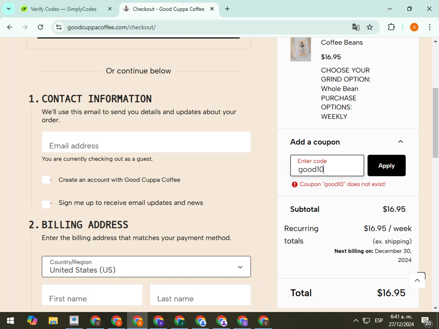 Good Cuppa Coffee promo code screenshot showing code good10 applied at Good Cuppa Coffee checkout page. Uploaded by SimplyCodes community member TreasureFox8596 on Dec 27, 2024