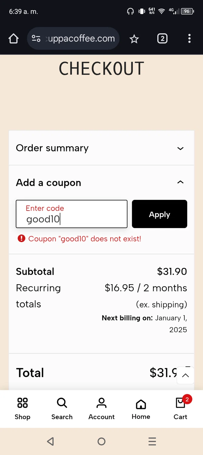 Good Cuppa Coffee promo code screenshot showing code good10 applied at Good Cuppa Coffee checkout page. Uploaded by SimplyCodes community member NobleScholar4826 on Dec 27, 2024