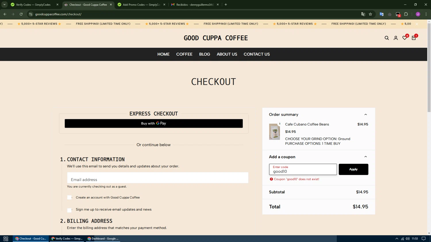 Good Cuppa Coffee promo code screenshot showing code good10 applied at Good Cuppa Coffee checkout page. Uploaded by SimplyCodes community member SwiftFox1285 on Dec 27, 2024