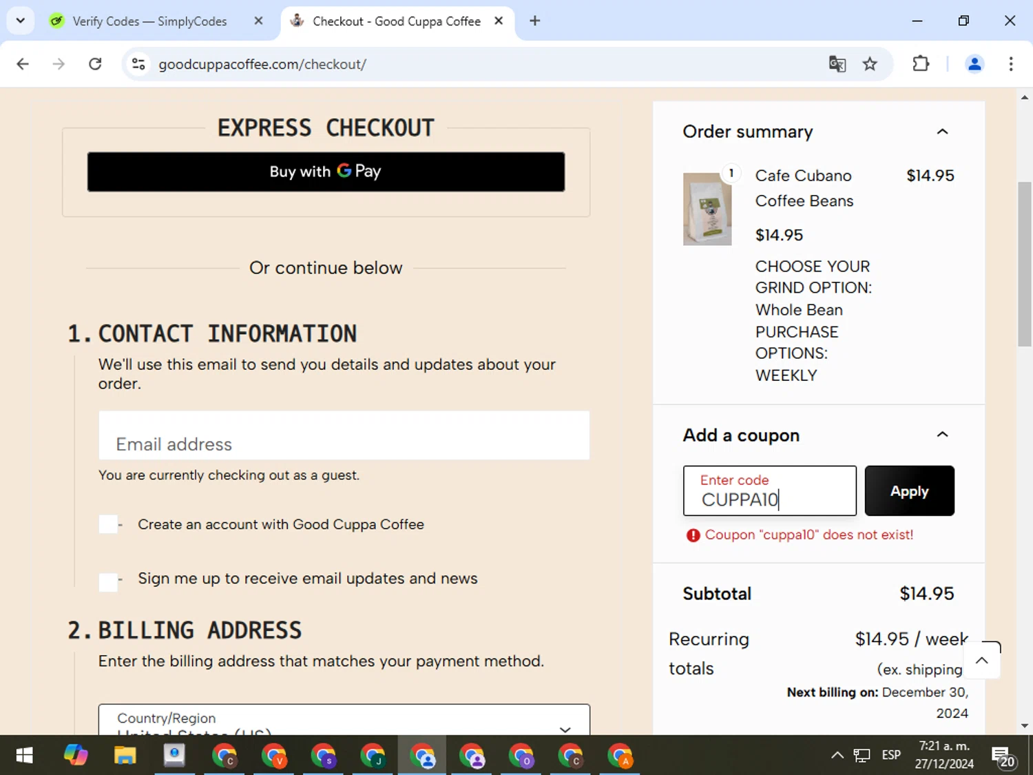 Good Cuppa Coffee promo code screenshot showing code CUPPA10 applied at Good Cuppa Coffee checkout page. Uploaded by SimplyCodes community member VictorL on Dec 27, 2024