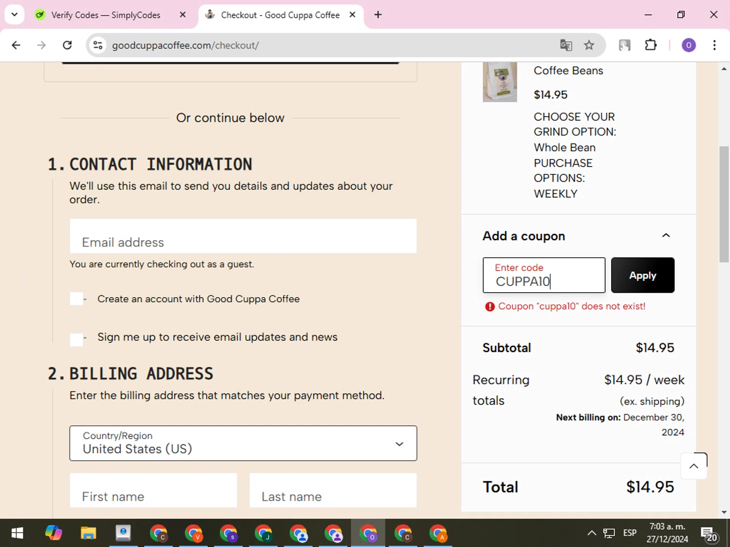 Good Cuppa Coffee promo code screenshot showing code CUPPA10 applied at Good Cuppa Coffee checkout page. Uploaded by SimplyCodes community member CleverLynx8245 on Dec 27, 2024