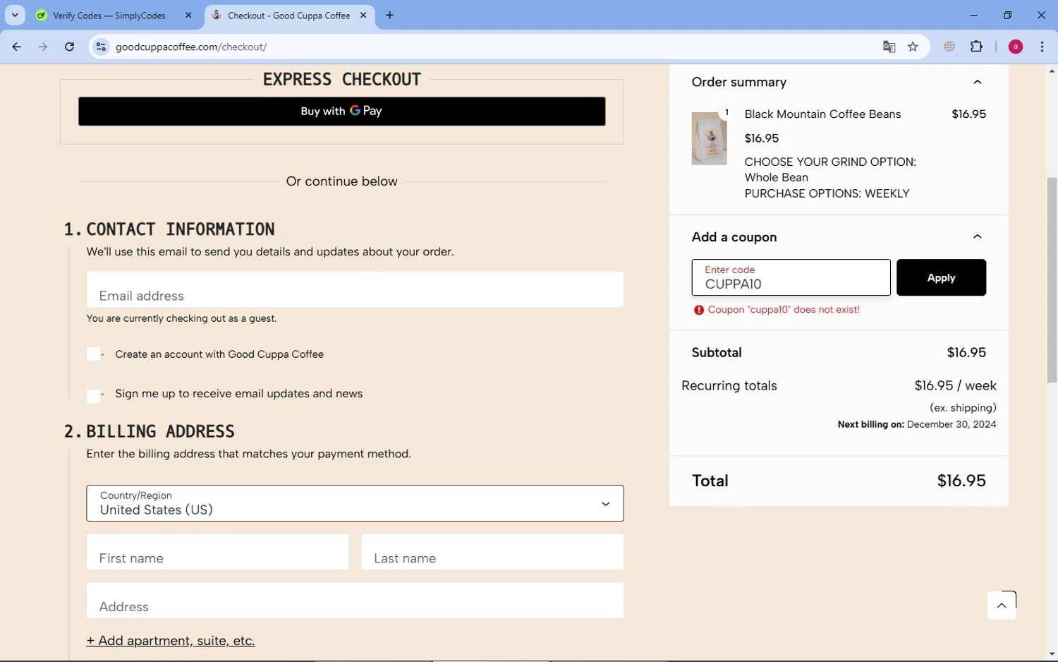 Good Cuppa Coffee promo code screenshot showing code CUPPA10 applied at Good Cuppa Coffee checkout page. Uploaded by SimplyCodes community member dororotk on Dec 27, 2024